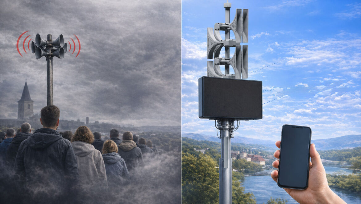 Comparaison entre sirène traditionnelle et systèmes d’alerte modernes avec communication en temps réel