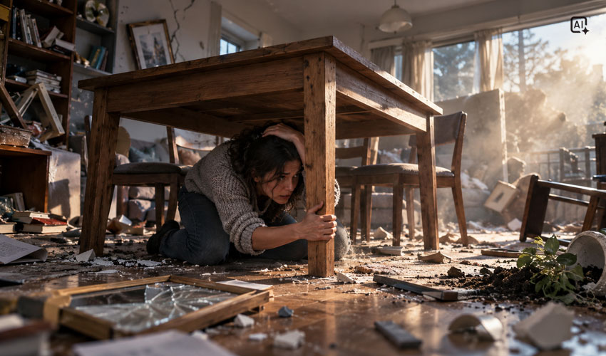 Protection après le déclenchement d'une sirène d'alerte sismique Personne se protégeant sous une table après le déclenchement d'une sirène d'alerte sismique